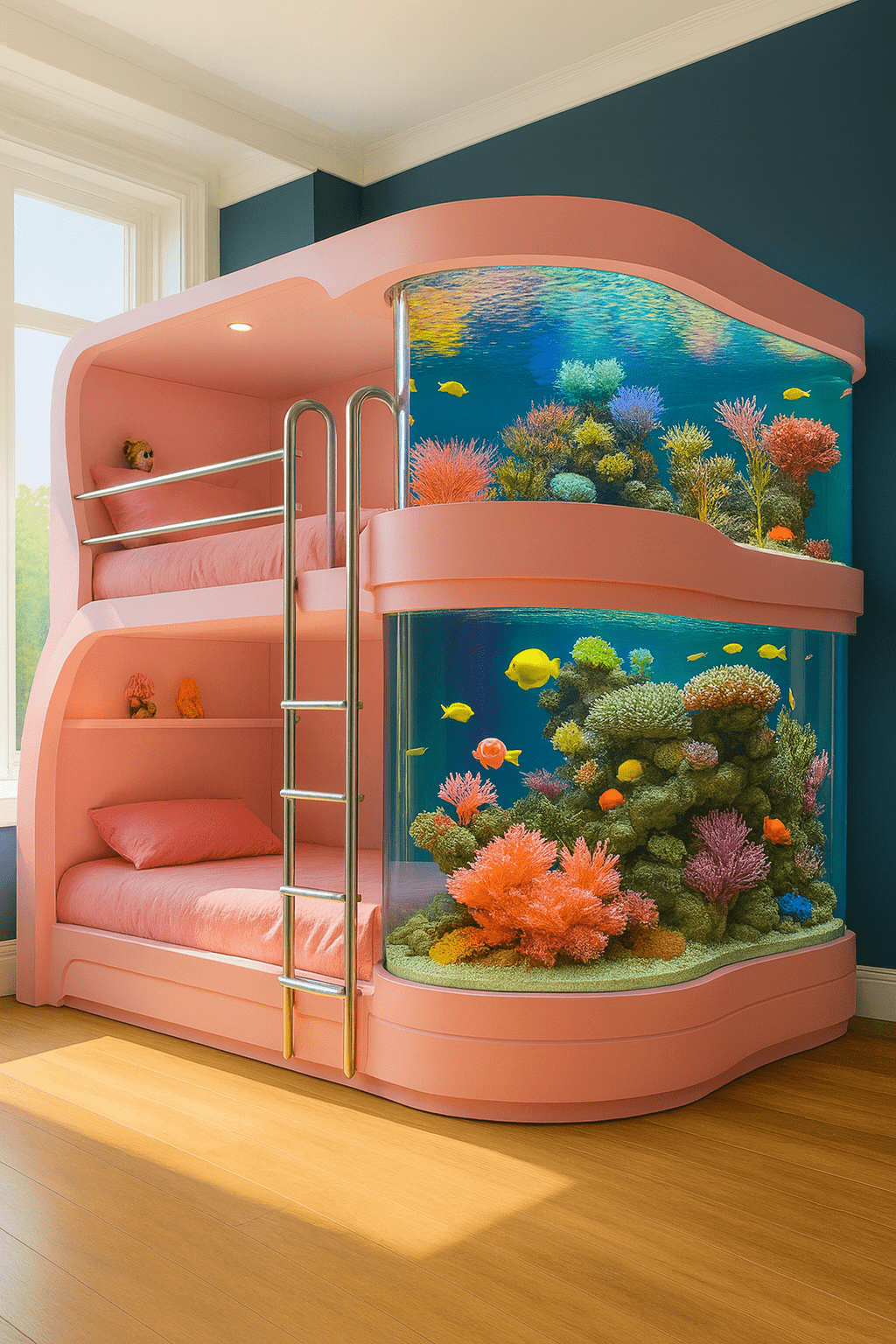 Coral pink bunk bed design with a built-in aquarium showcasing colourful coral and yellow fish.