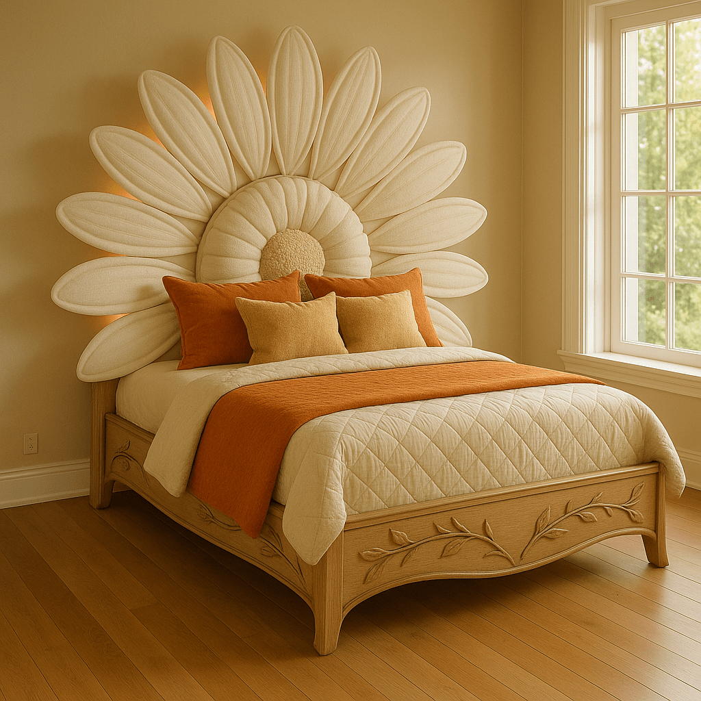 Neutral daisy bed with cream petals, carved wooden frame, and orange bedding