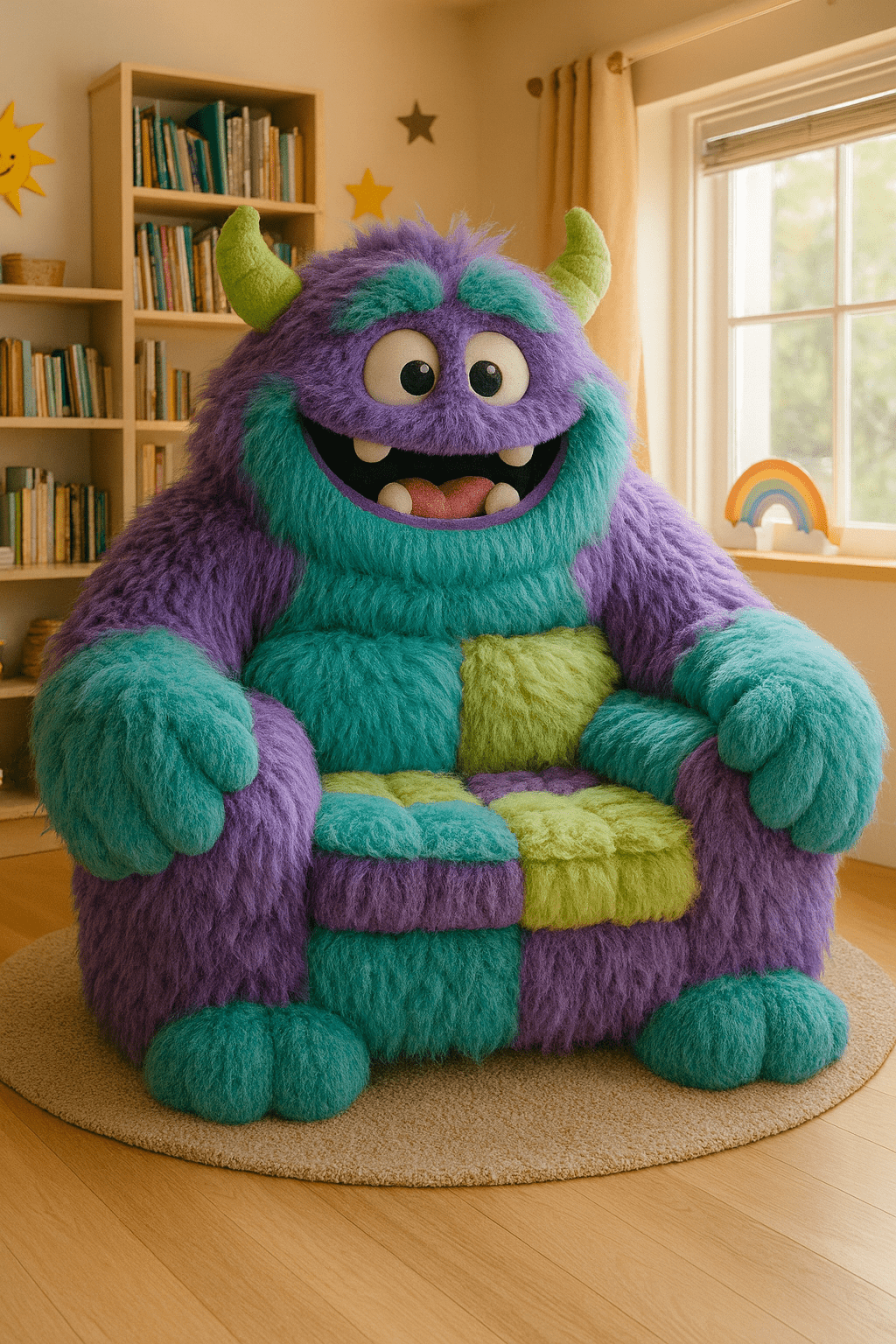 Fluffy purple and teal monster hug chair with big smile and green horns