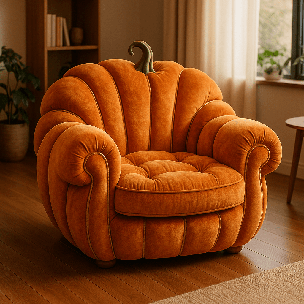 Orange pumpkin-shaped armchair with plush upholstery and stem detail in a bright living space.
