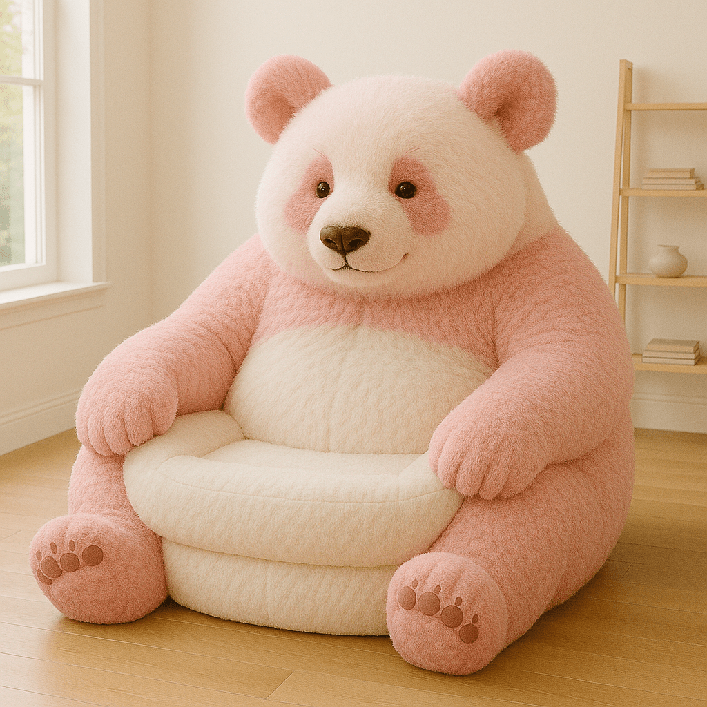 Oversized pink panda armchair with cream seat in a cosy living space.
