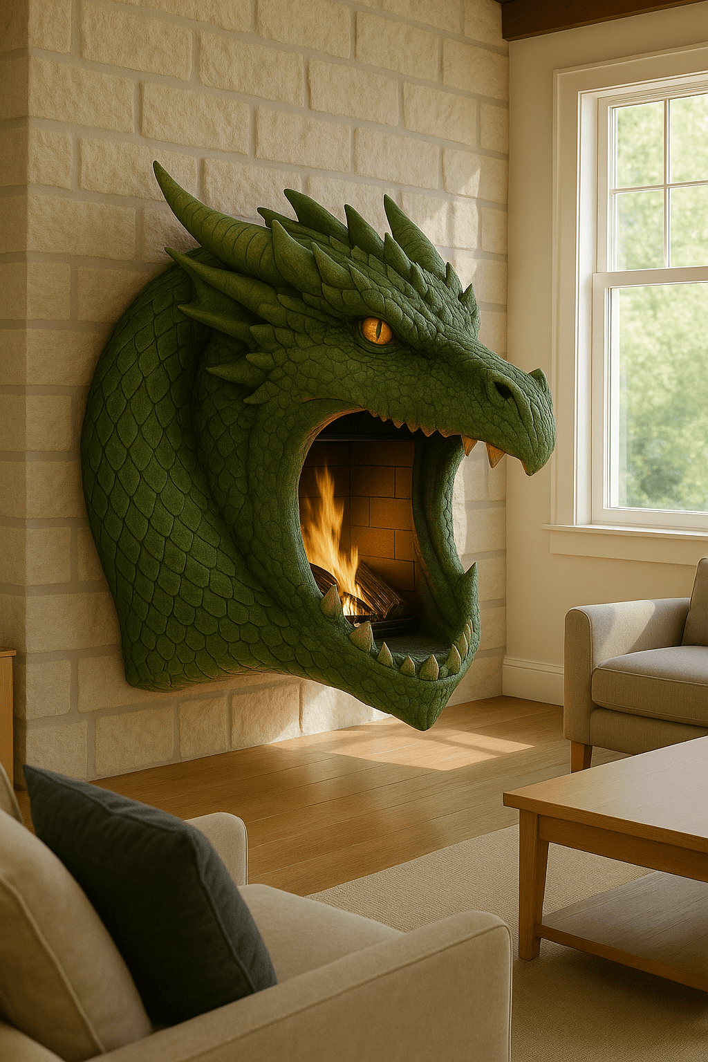 Green dragon head fireplace with golden eyes and fire inside the open mouth