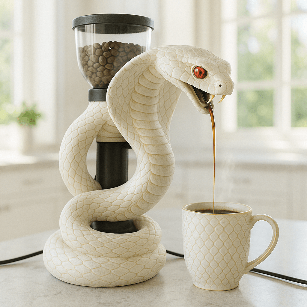Ivory white cobra-shaped coffee maker with golden highlights, dispensing coffee into a matching pale mug.