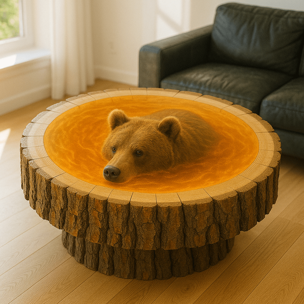 Bear coffee table featuring lifelike bear in amber resin pool with tree trunk-style base.