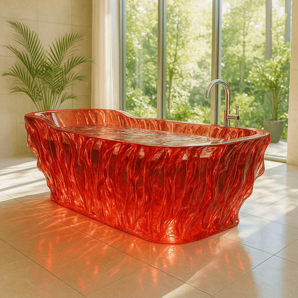 Luxury red elemental bathtub with flame-like sculpted design glowing in natural light.