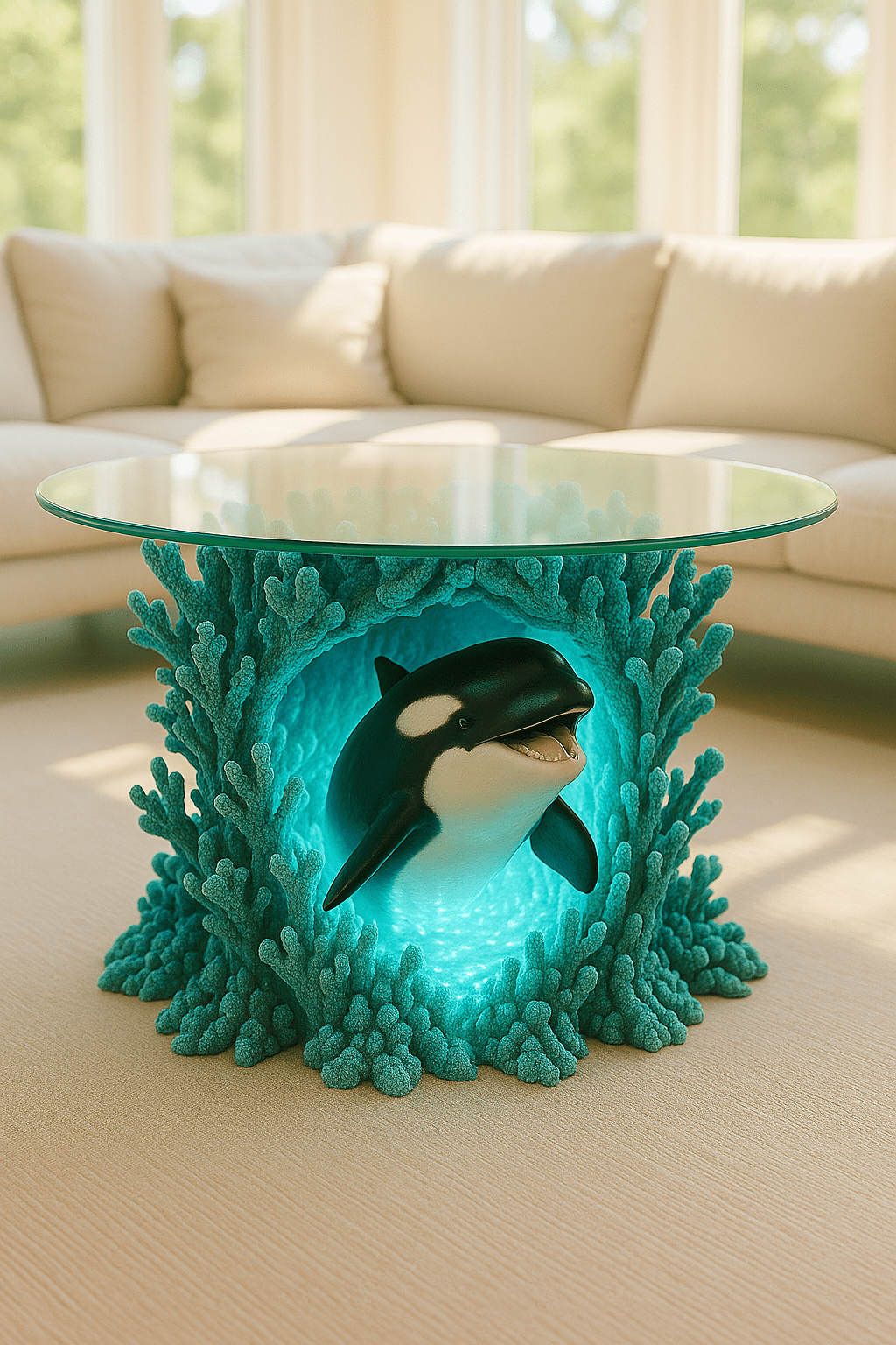 Glass top coffee table with orca sculpture inside illuminated coral reef base