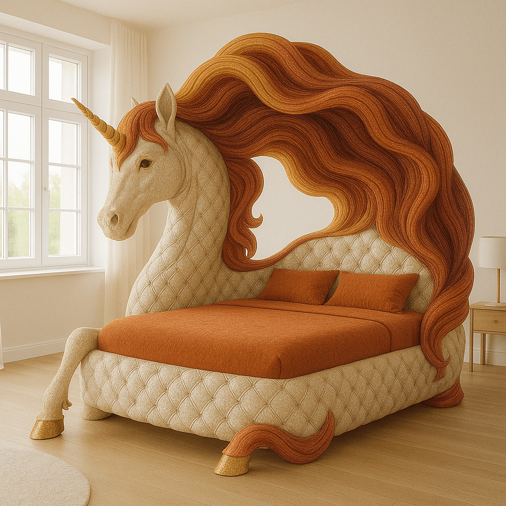 Unicorn-shaped bed with cream upholstery and fiery orange mane in a modern bedroom