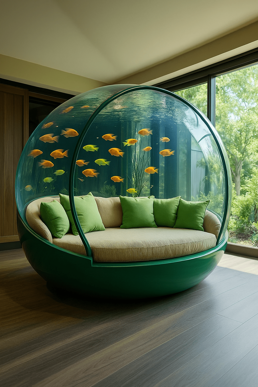 Modern green aquarium lounger pod with tropical fish and matching green cushions beside large windows.