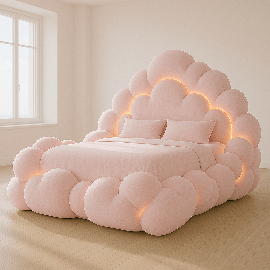 Whimsical pastel pink cloud bed with glowing accents set in a bright, modern bedroom.