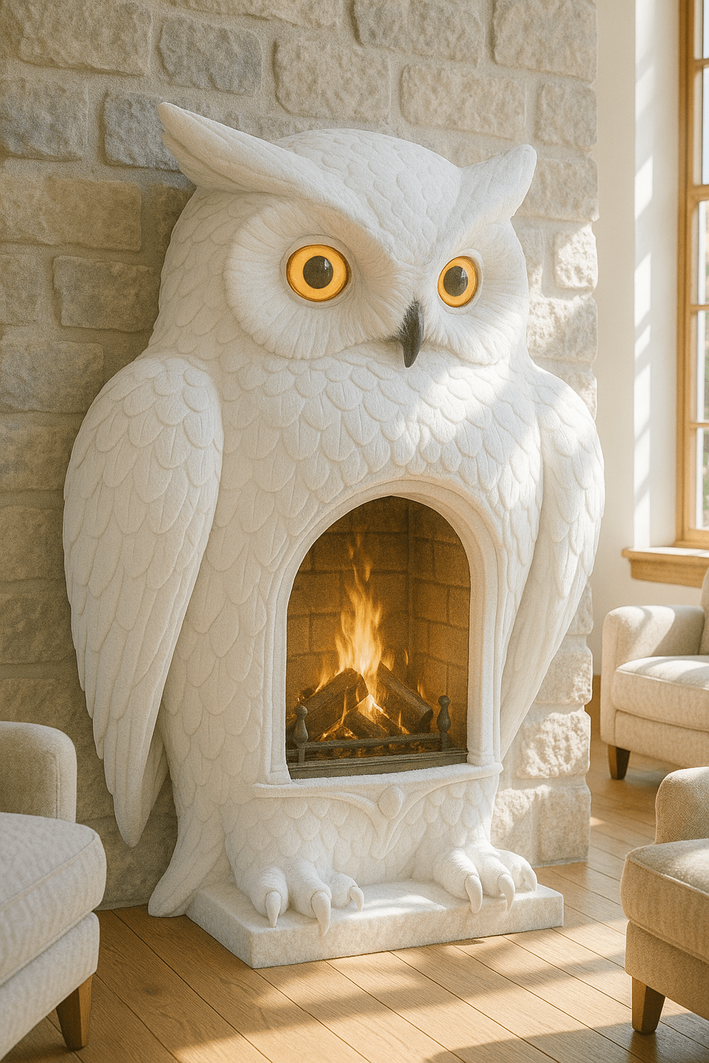 Bright owl-shaped fireplace in white with glowing golden eyes, set against stone wall and neutral seating
