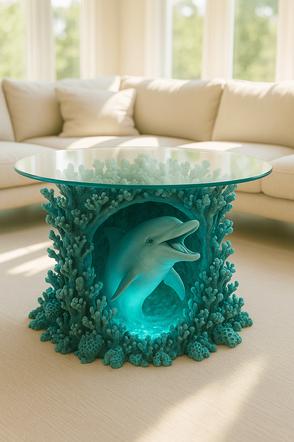 Coffee table with glass top featuring dolphin in glowing coral reef design