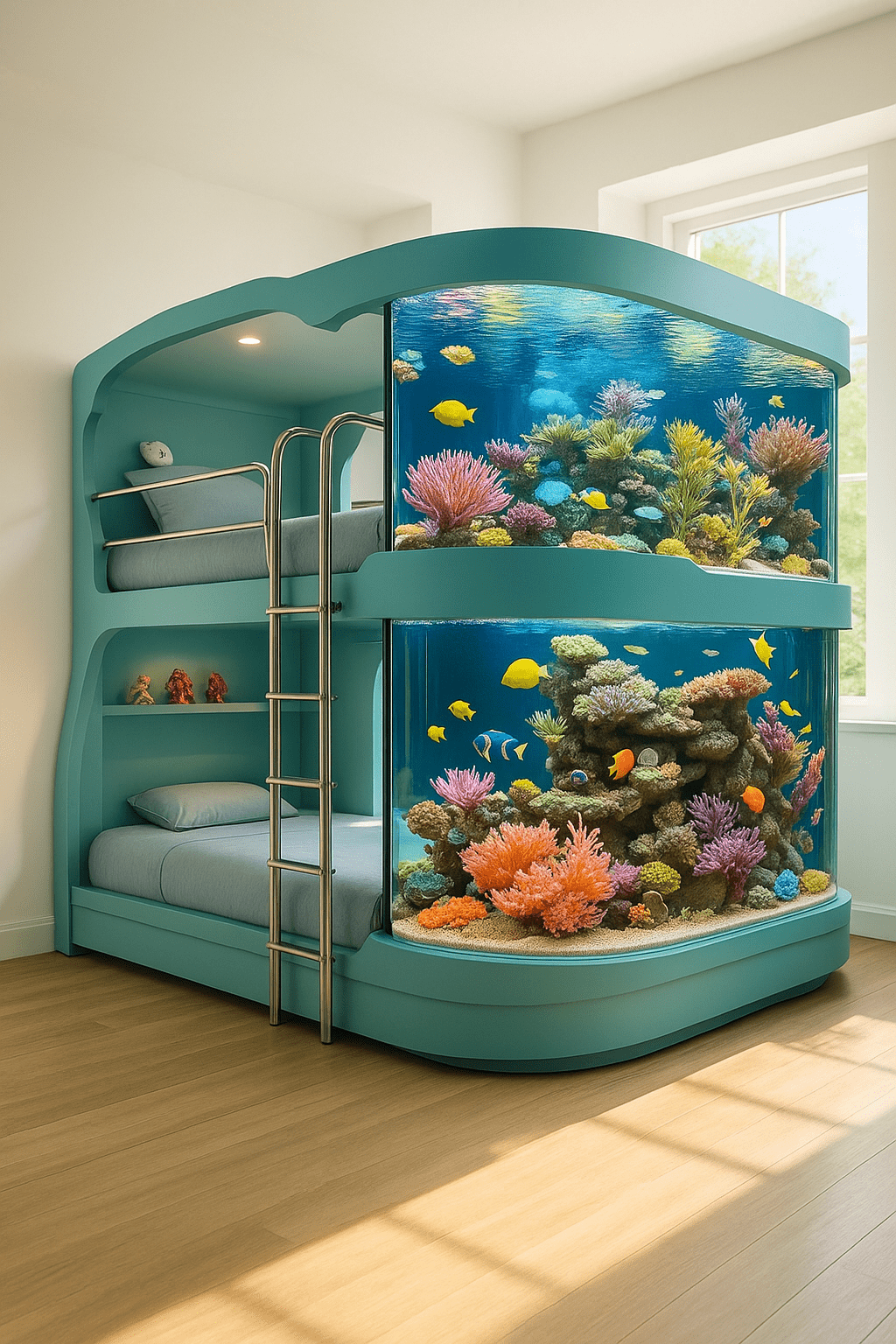 Aqua green bunk bed featuring a vibrant built-in aquarium with coral and tropical fish.