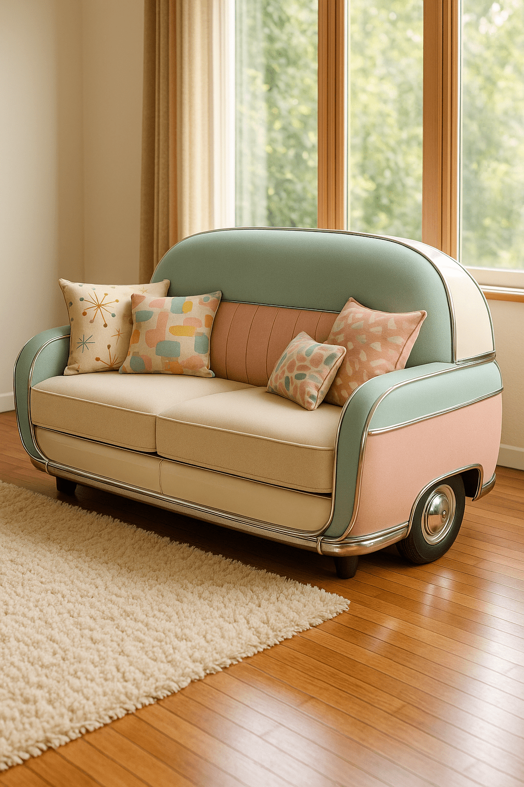 Retro car-inspired sofa in pastel pink, mint green, and cream upholstery with patterned cushions.