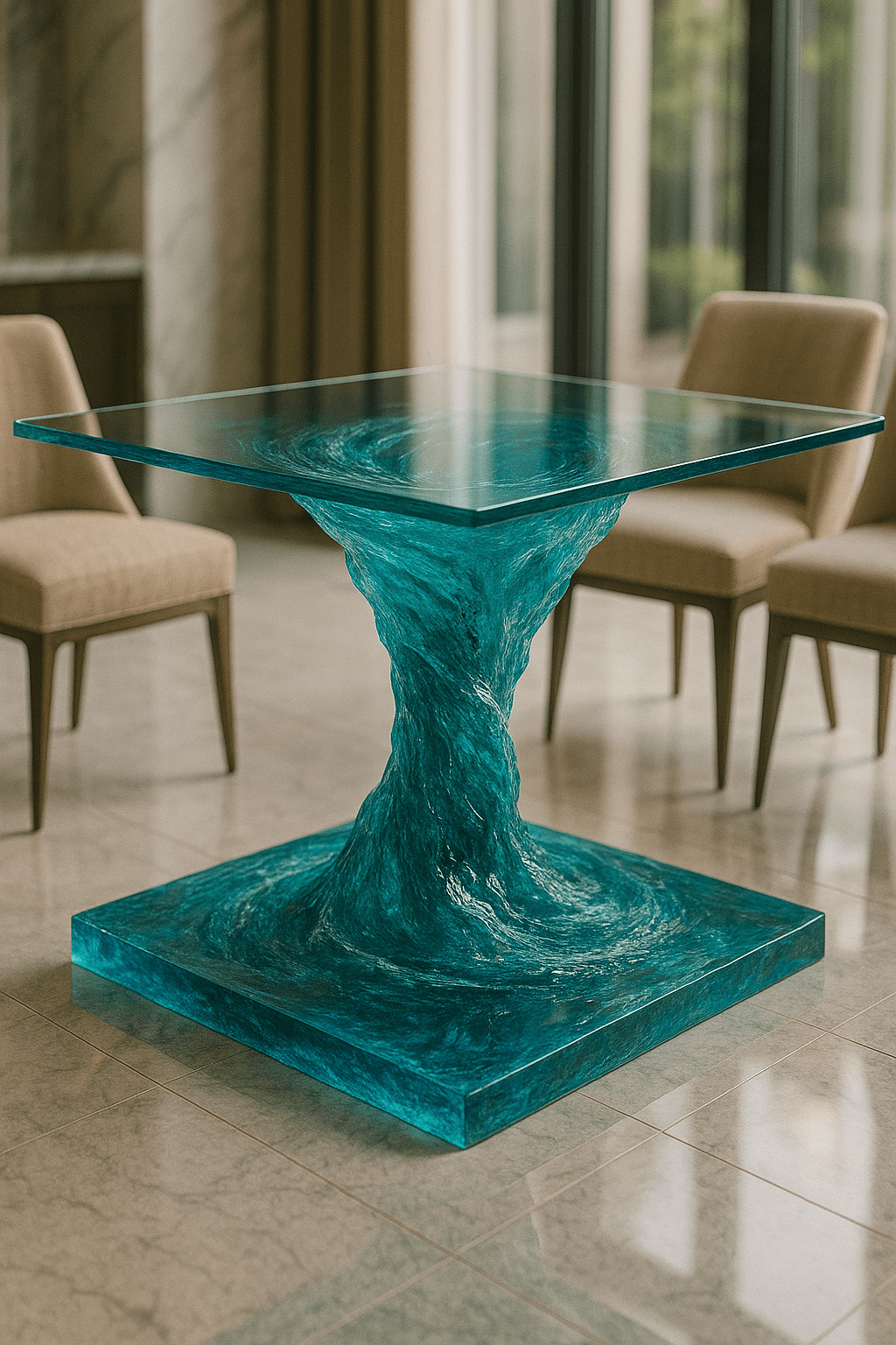Square glass table with a turquoise resin wave base in a modern interior