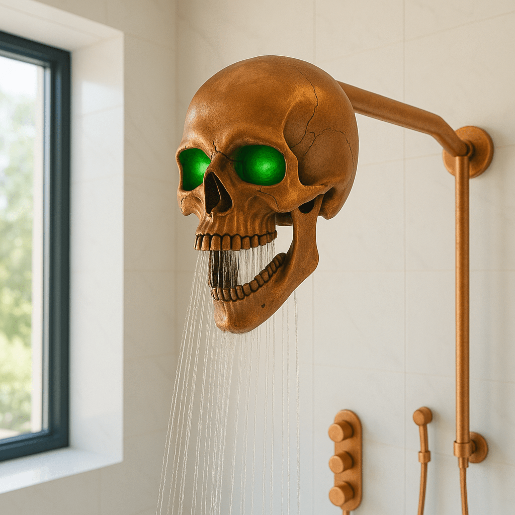 A bronze skull-shaped shower head with glowing green eyes, fitted in a contemporary bathroom.