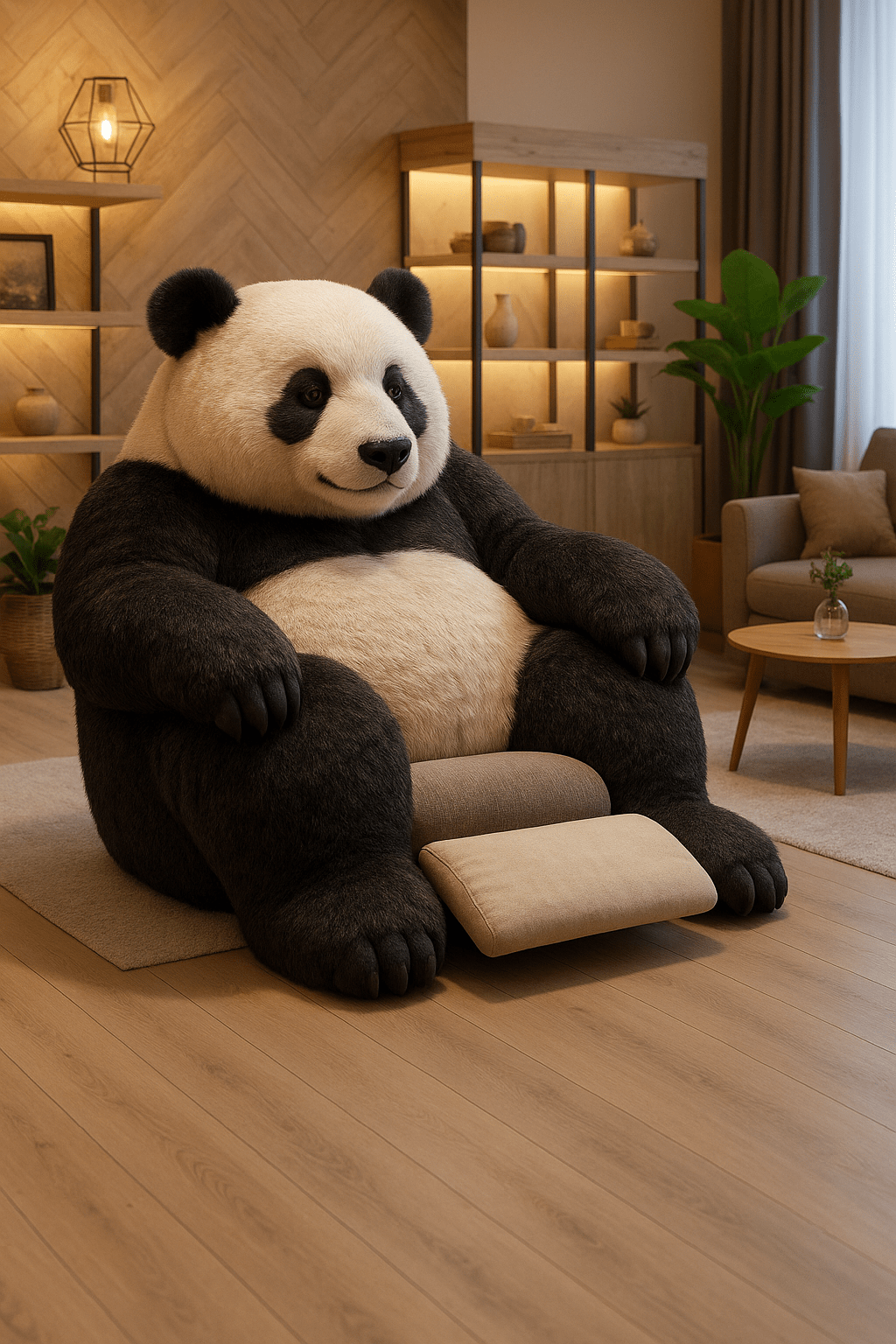 Oversized panda-shaped armchair with soft monochrome design in a contemporary living room