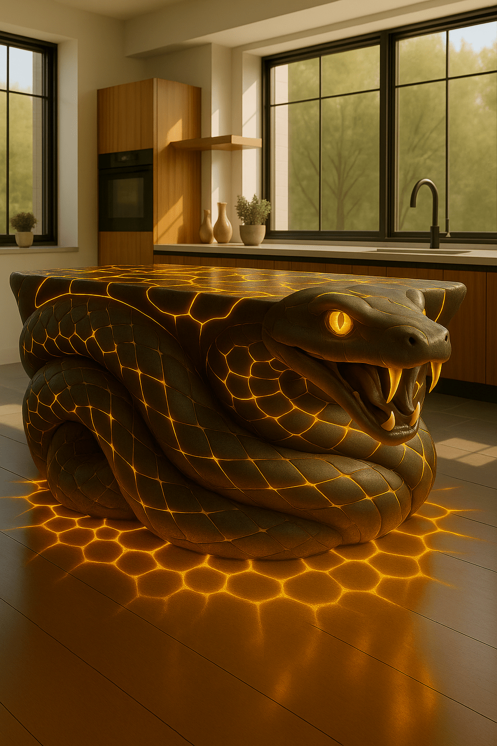 Sculptural snake kitchen island glowing gold with illuminated scales and reflective floor patterns.