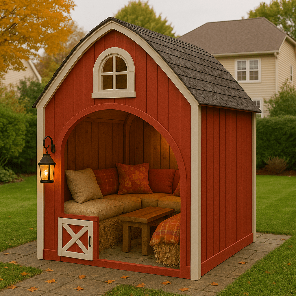 A rustic red barn pod with cushioned seating, orange pillows, and a glowing lantern in a suburban garden.