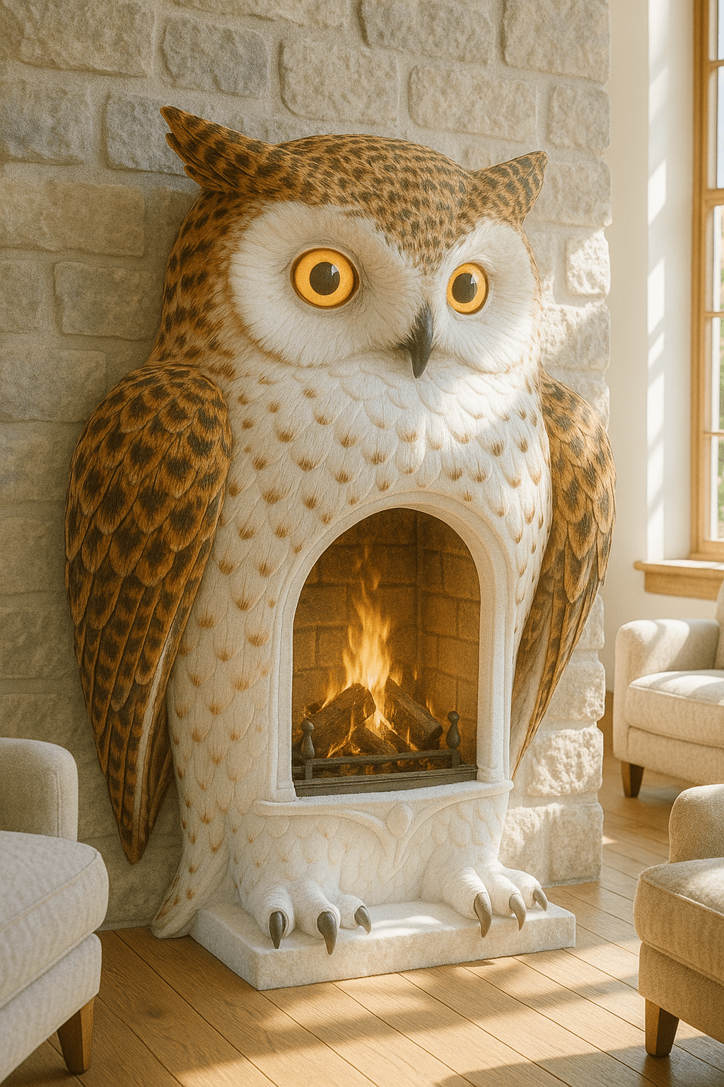 Cosy living room with a brown owl-shaped fireplace featuring glowing eyes and rustic stone wall backdrop