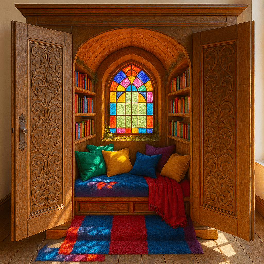 Vibrant enchanted reading nook with stained glass window, colourful cushions, and carved wooden frame.