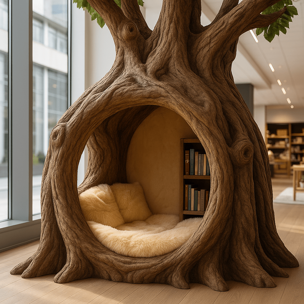 Circular tree hollow reading nook with fluffy cushions and a side bookshelf in a modern interior.