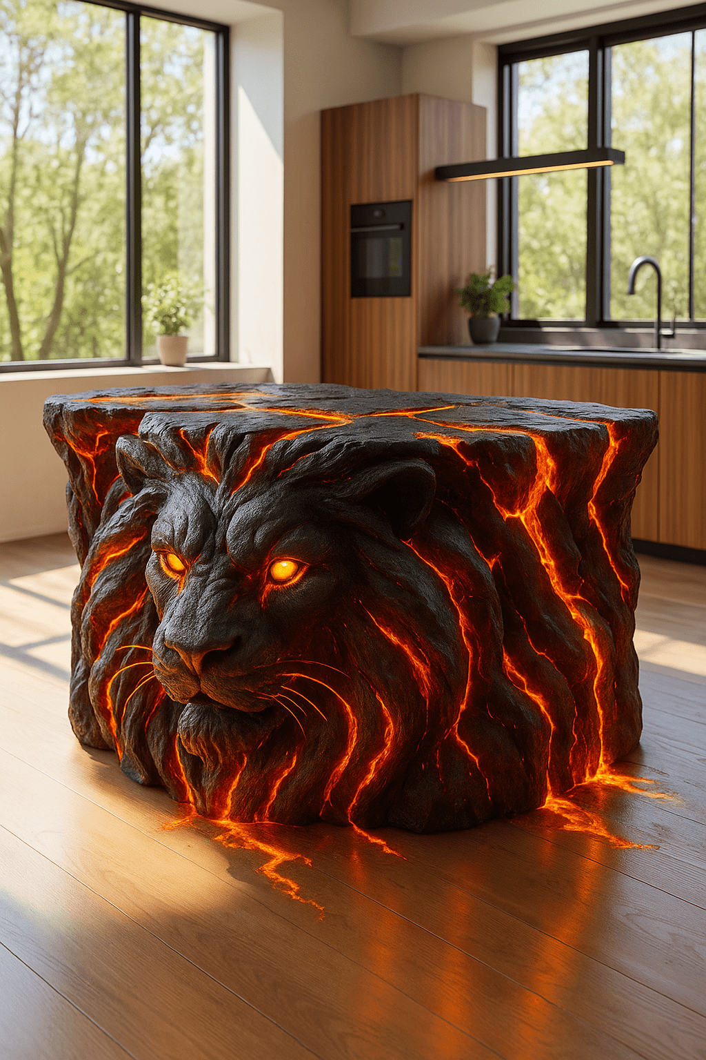 Lava-inspired kitchen island sculpted as a lion’s head with molten mane and glowing amber eyes.