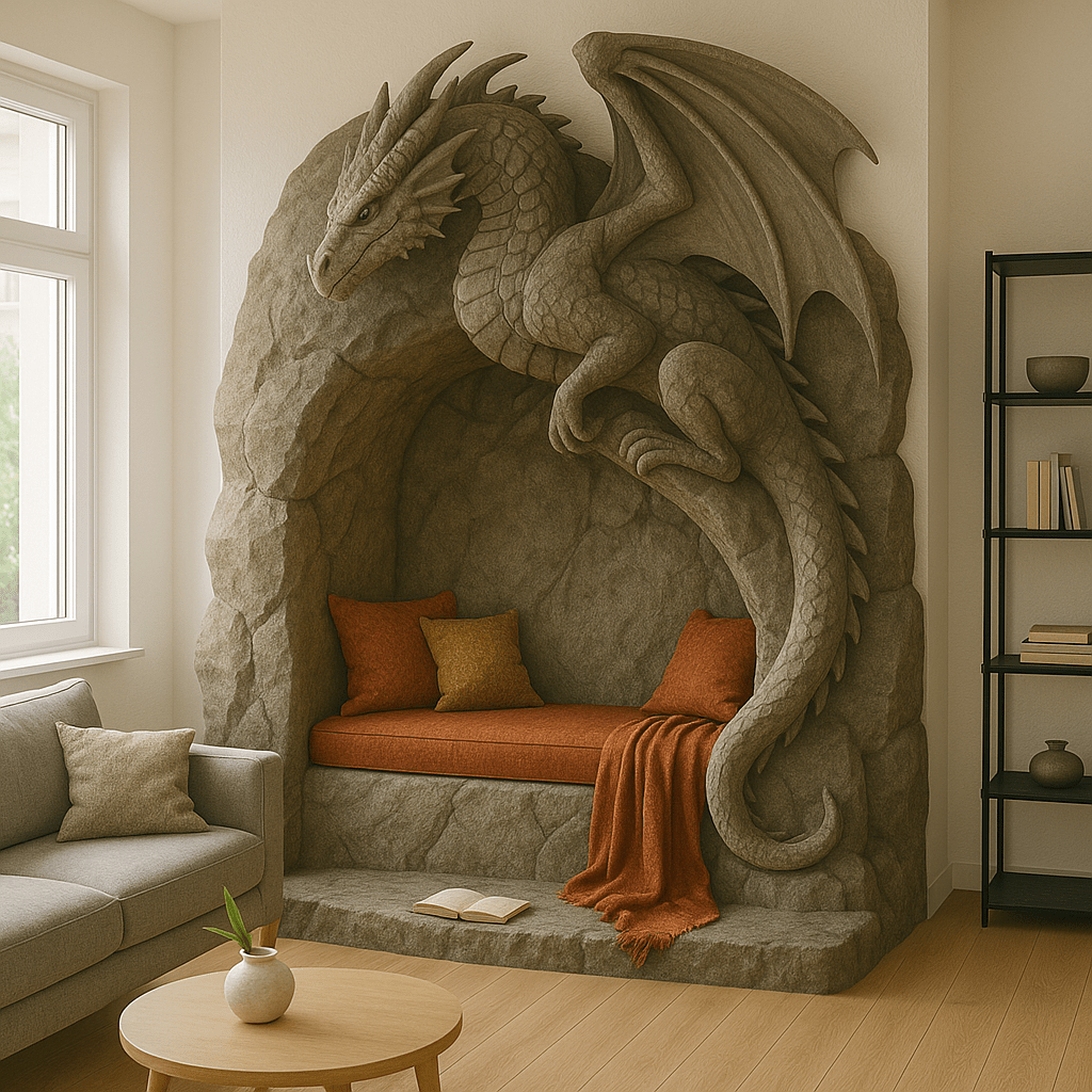 Dramatic alcove reading nook with full dragon sculpture, wings wrapped around stone seating area with warm cushions.