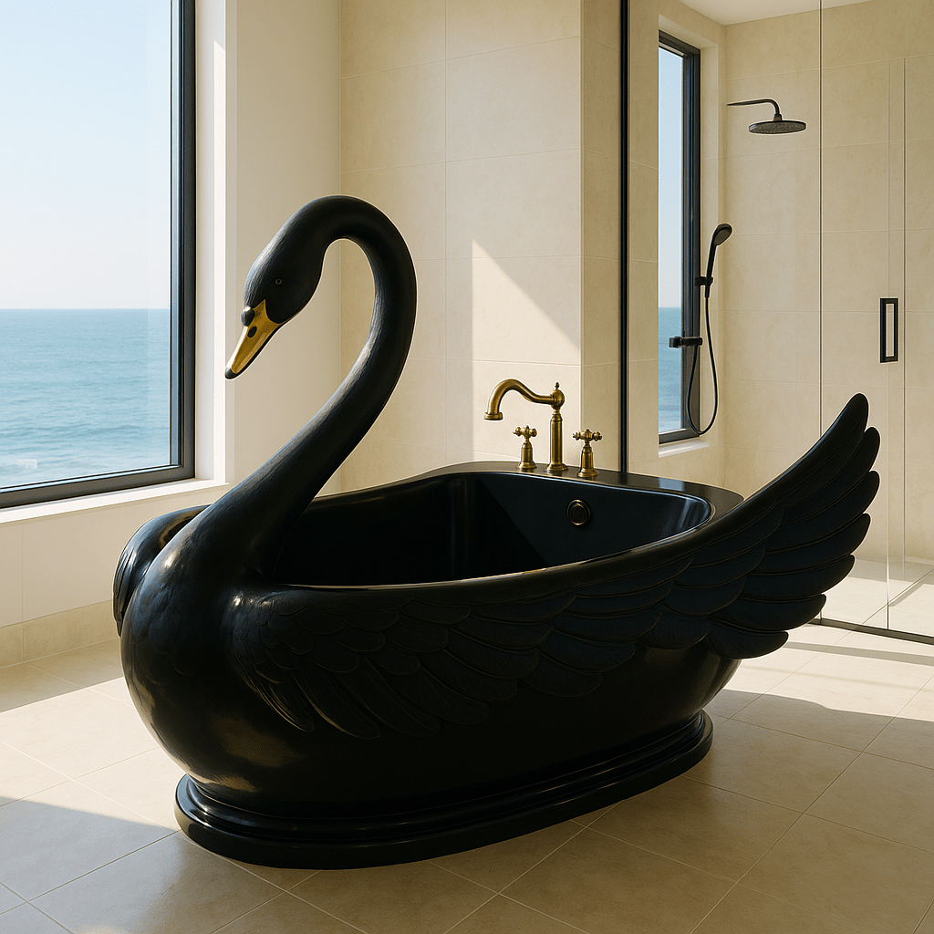 Elegant black swan shaped bathtub with golden taps in a modern bathroom overlooking the sea.