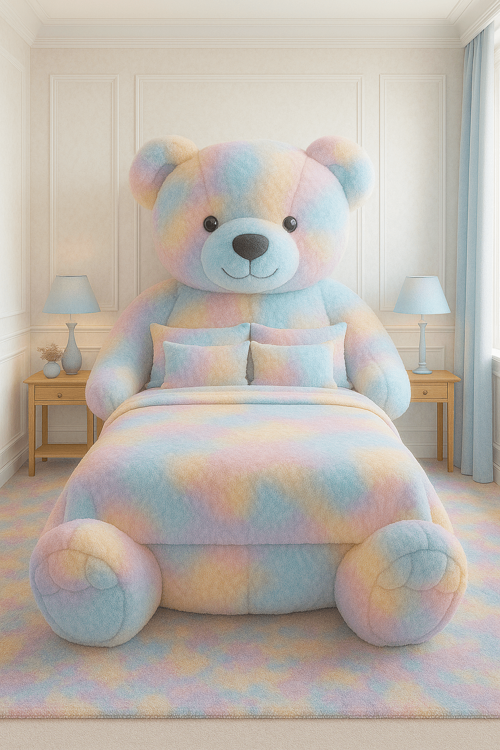 An oversized rainbow teddy bear bed with pastel colours, creating a bold and playful bedroom look.