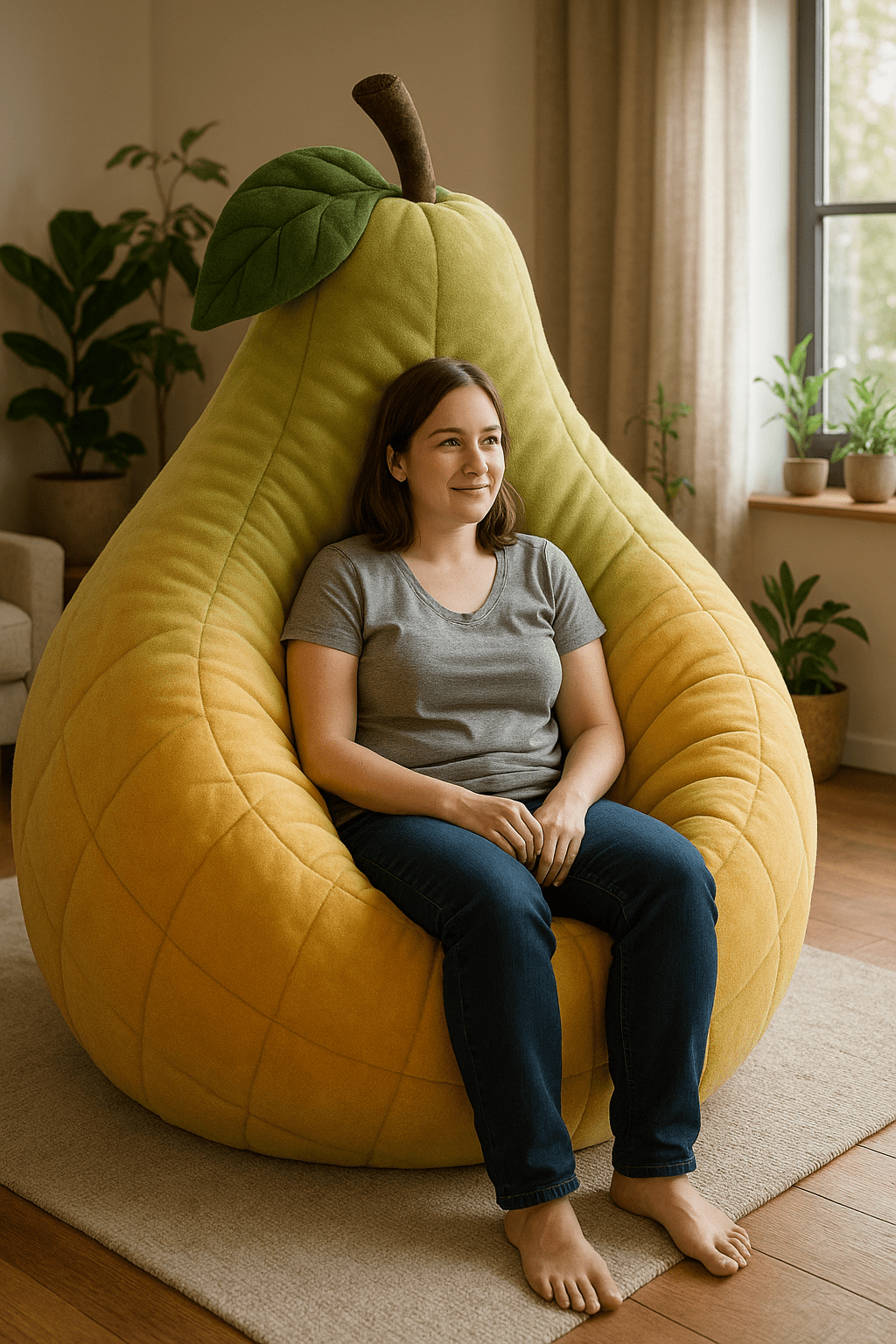Woman sitting comfortably on a pear-shaped armchair with fabric stem and leaf in a bright room.