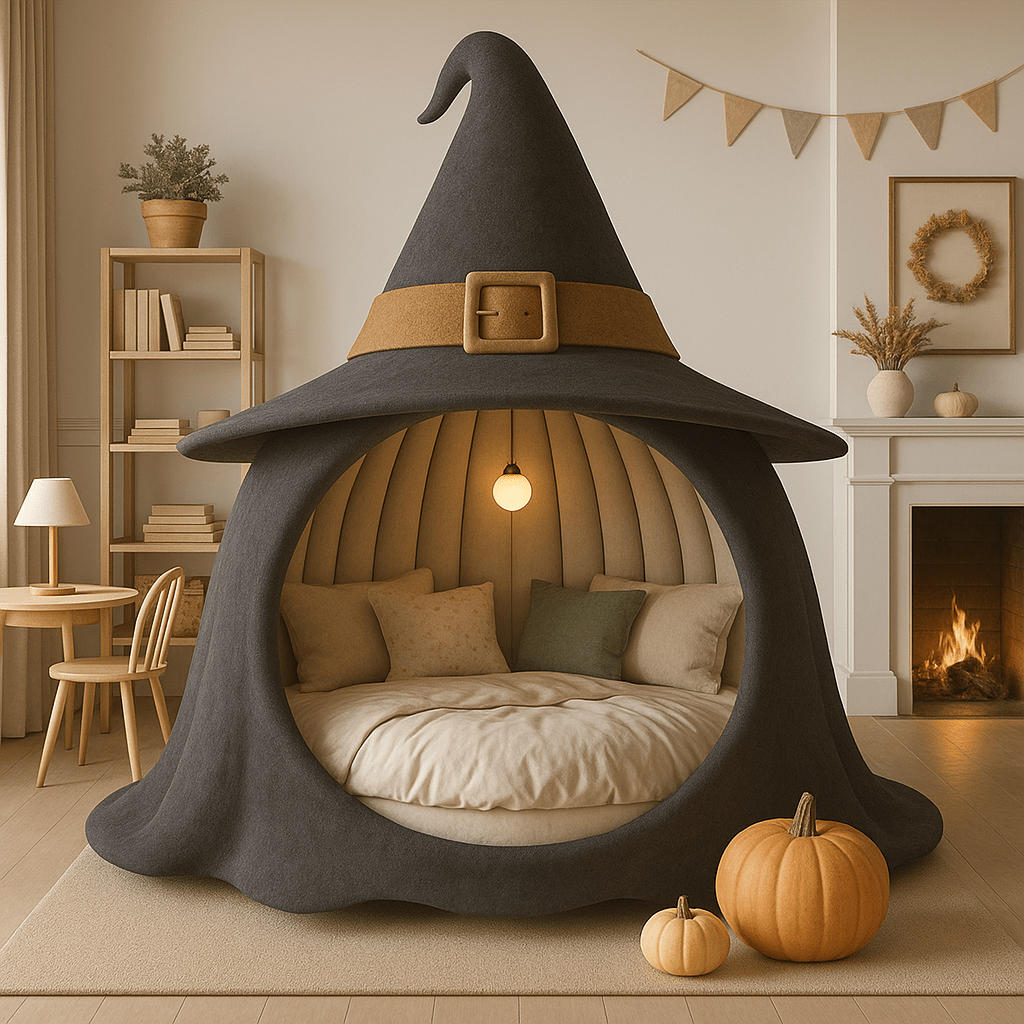 Witch hat-shaped Halloween bed with wide brim and soft padded interior.