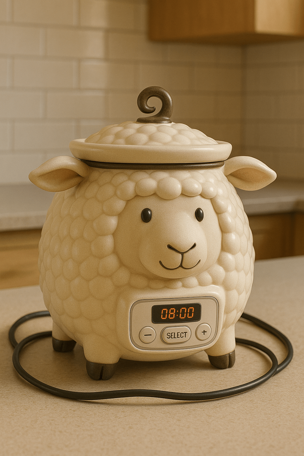 Cream sheep-shaped slow cooker with textured fleece design and digital timer