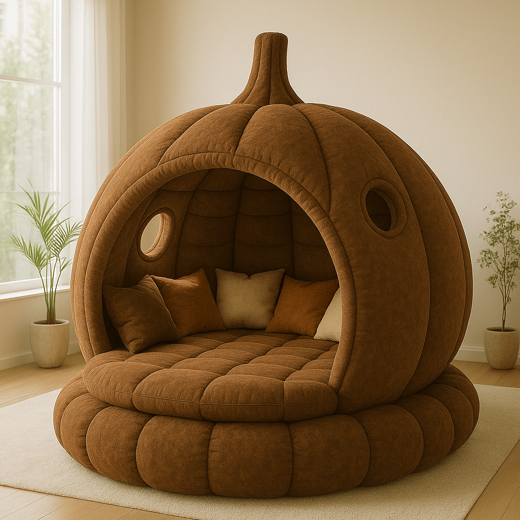 Cosy brown pumpkin-shaped bed with cushions in a modern living space