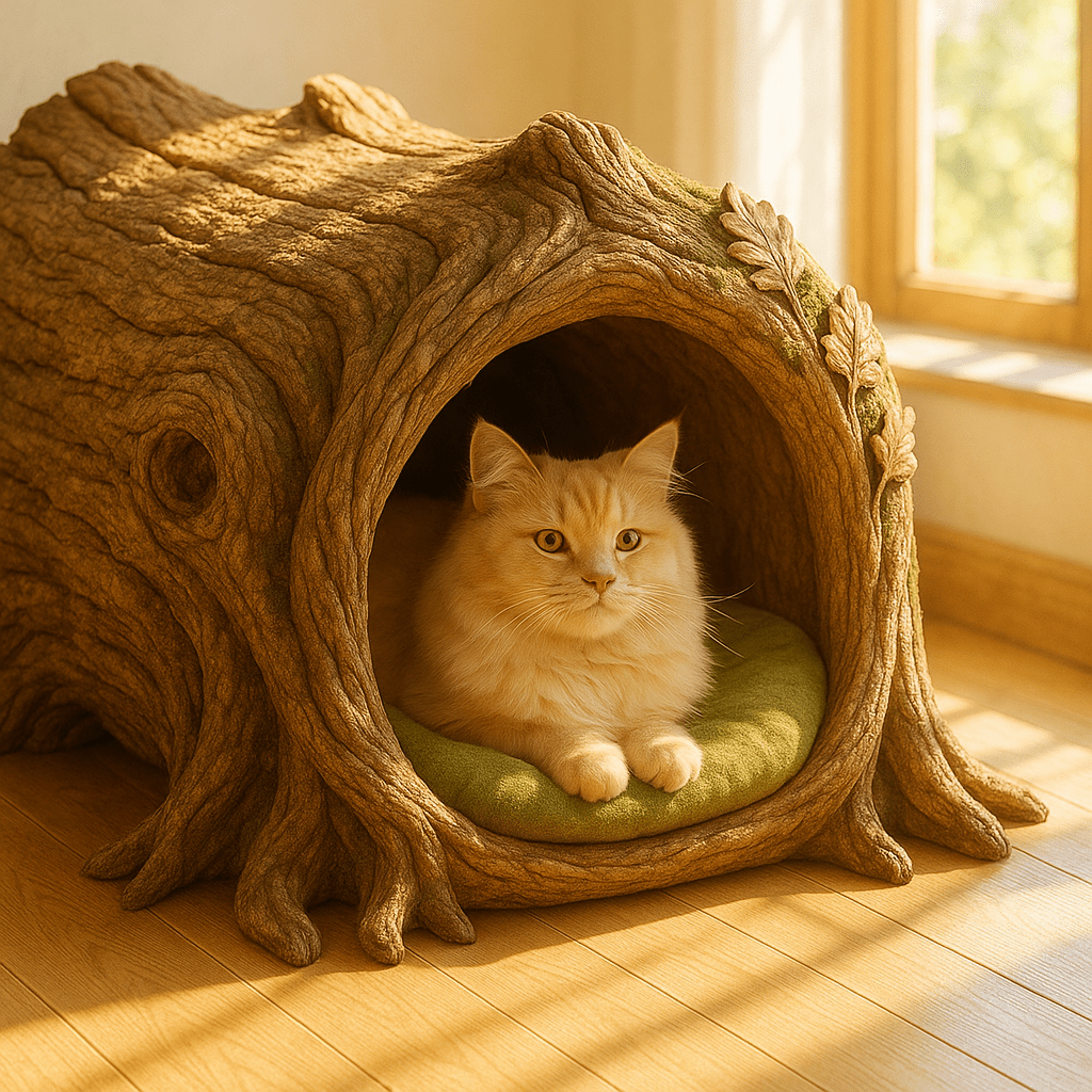 Cream-coloured cat resting on a moss-green cushion inside a detailed tree trunk pet house