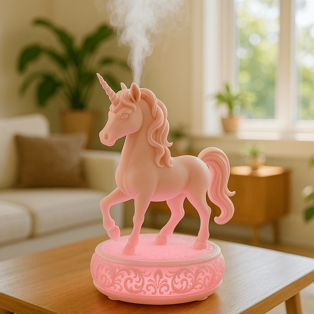 Pink unicorn-shaped humidifier with glowing pink base releasing mist in a cosy room.