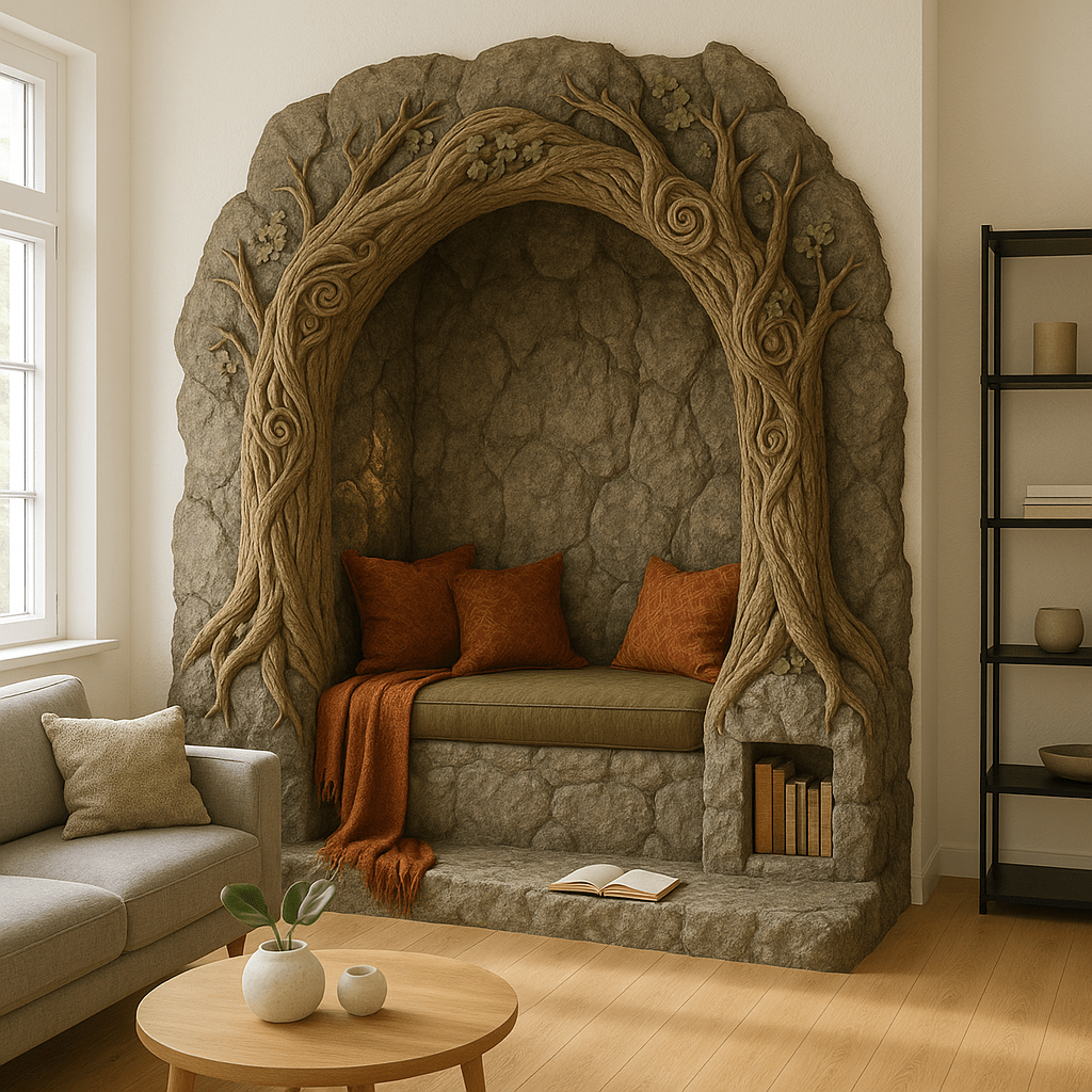 Stone alcove reading nook framed by carved tree trunks and branches with leafy details, styled with earthy cushions.