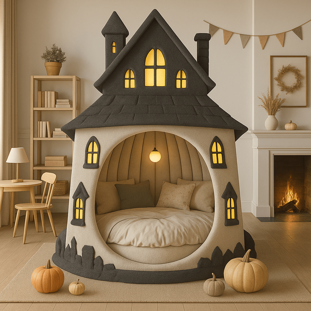 Spooky haunted house-shaped bed with glowing windows and soft interior.
