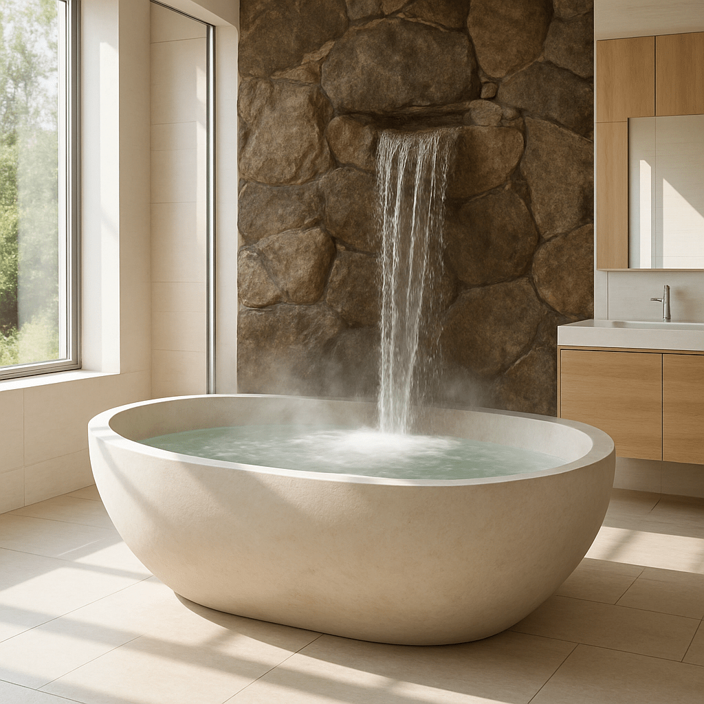Beige freestanding waterfall bathtub with stone wall feature in modern bathroom