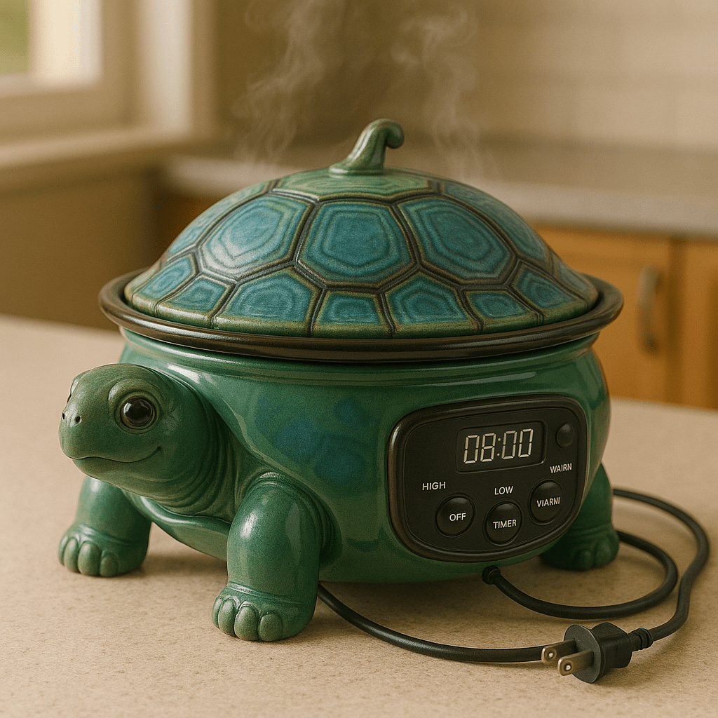 Teal turtle-shaped slow cooker with steam rising from the shell lid.
