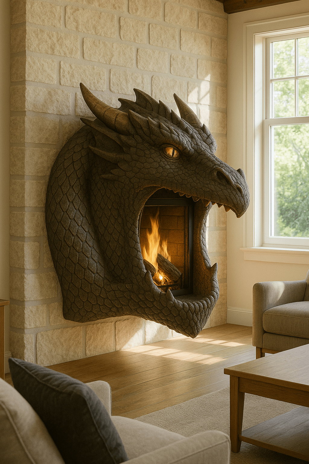 Black dragon fireplace with intricate scale details and fire glowing from its mouth