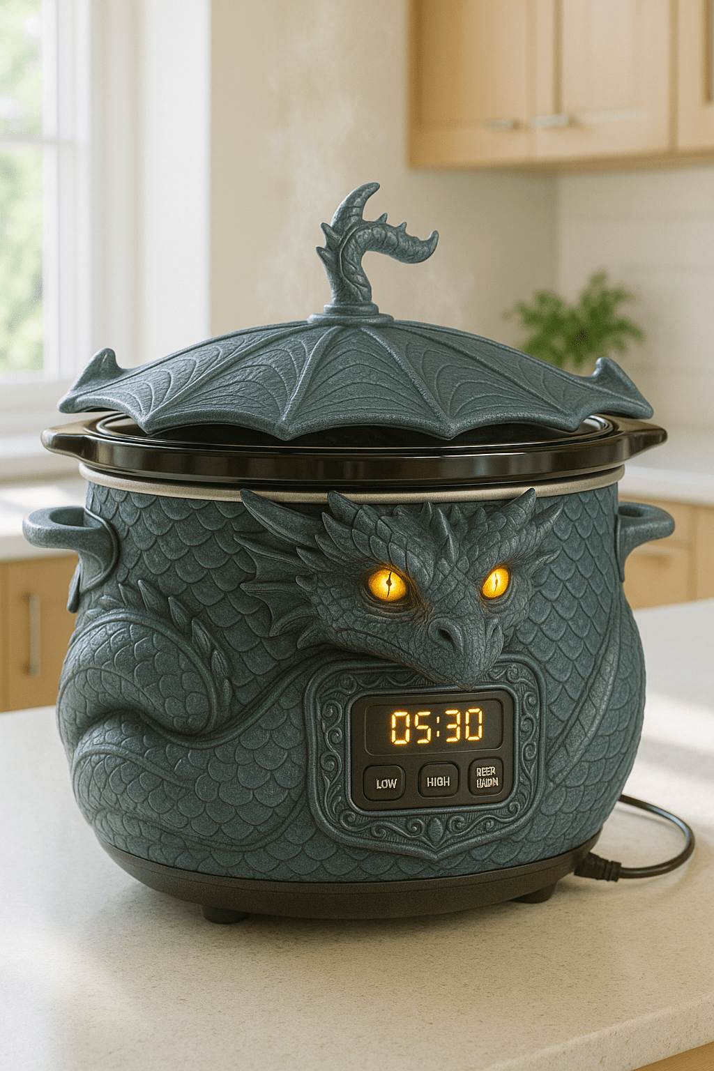 Fantasy-inspired black dragon slow cooker with glowing golden eyes on a modern kitchen counter.