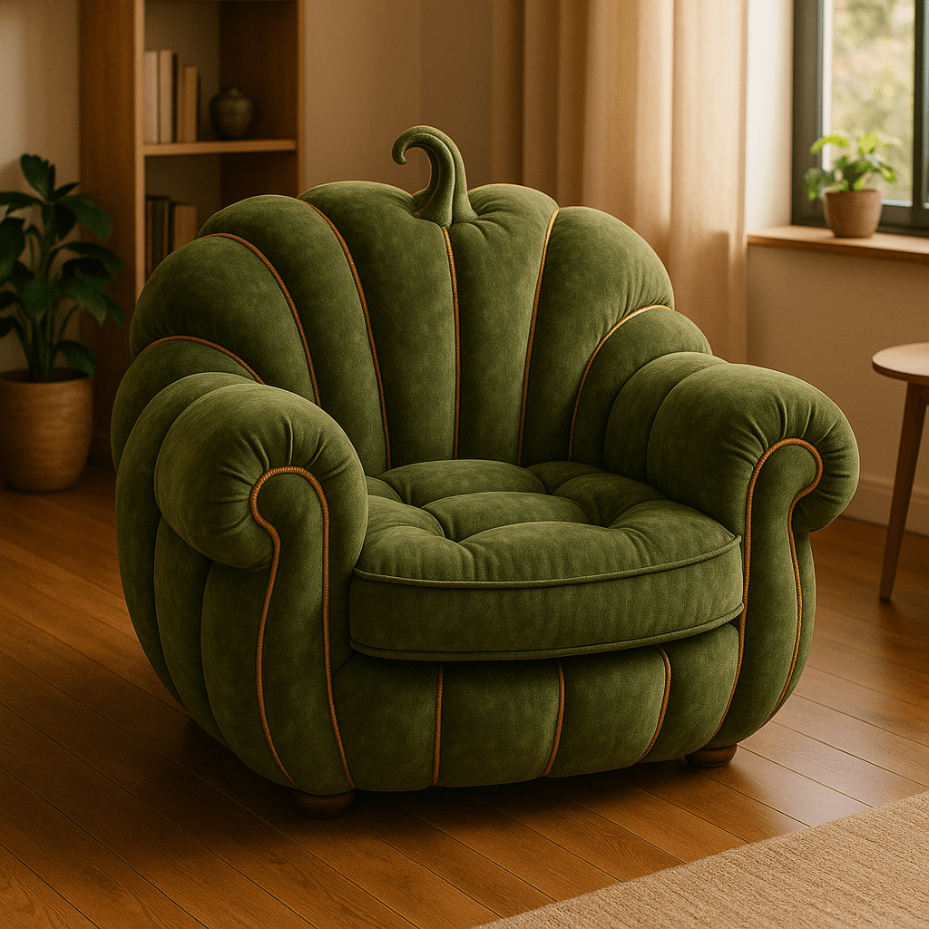 Green pumpkin-shaped armchair with curved stem and golden piping in cosy living room setting.