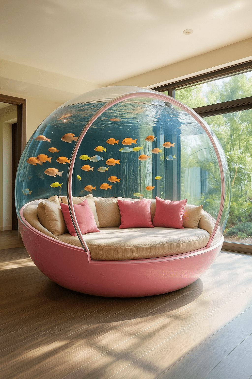 Stylish pink aquarium lounger pod with vibrant tropical fish and pink cushions in a sunlit room.