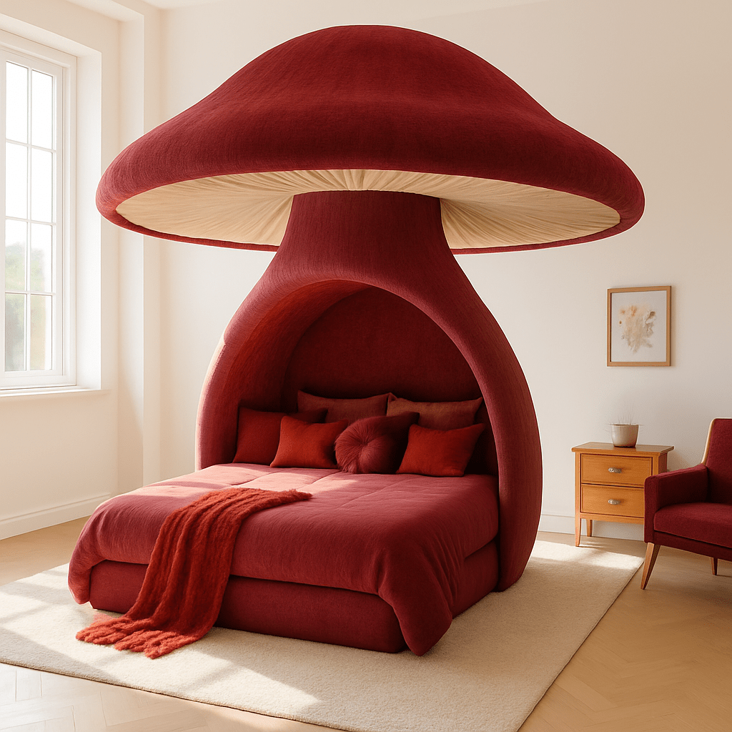 Whimsical red mushroom bed with canopy design in a bright modern bedroom.