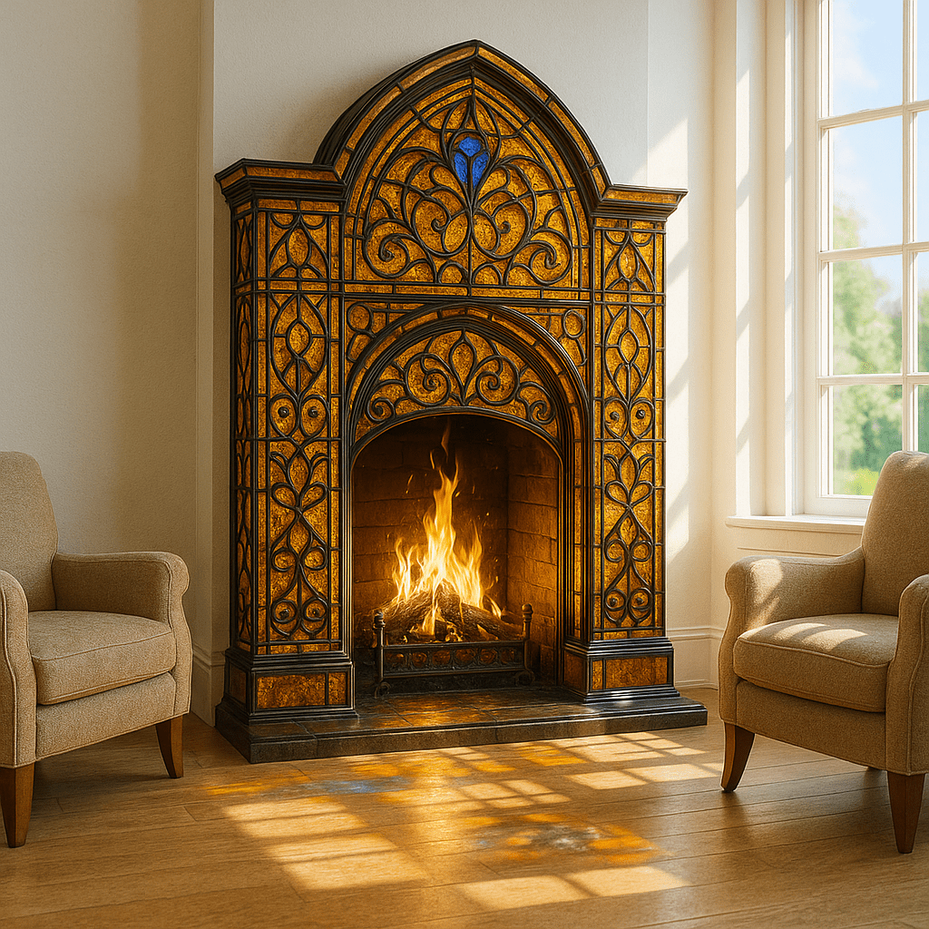 Elegant stained glass fireplace with amber and bronze tones accented by a single blue detail.