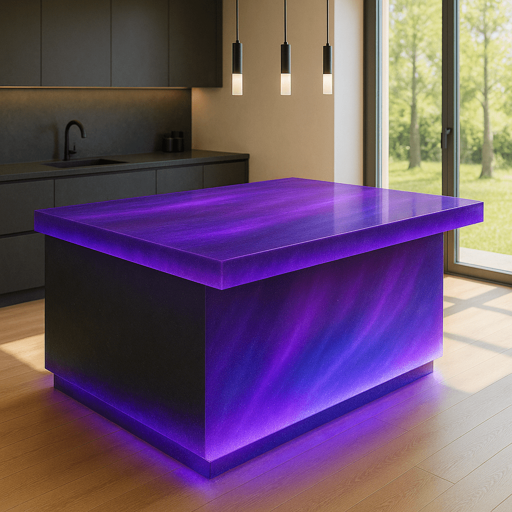 A rectangular kitchen island illuminated in purple aurora tones with glowing edges.