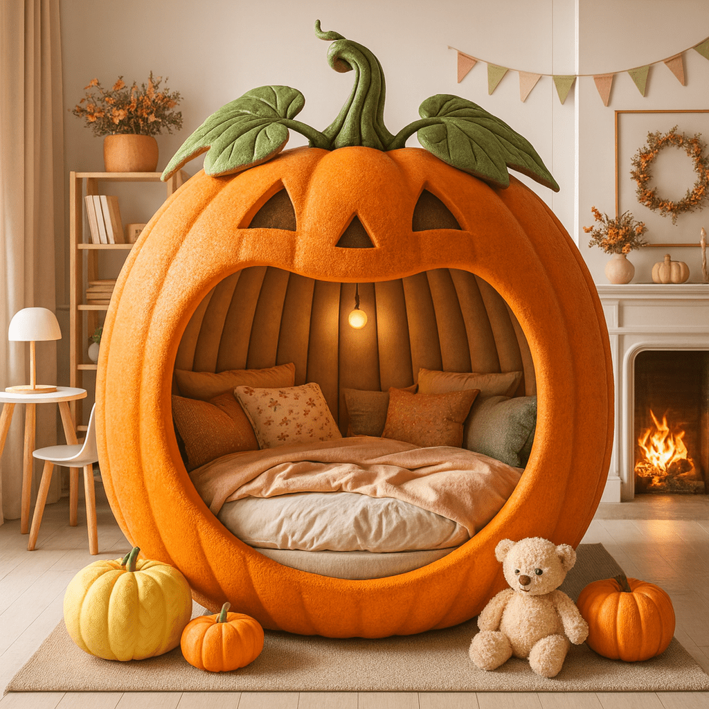 Cosy pumpkin-shaped Halloween bed with leafy details, cushions, and glowing light inside.