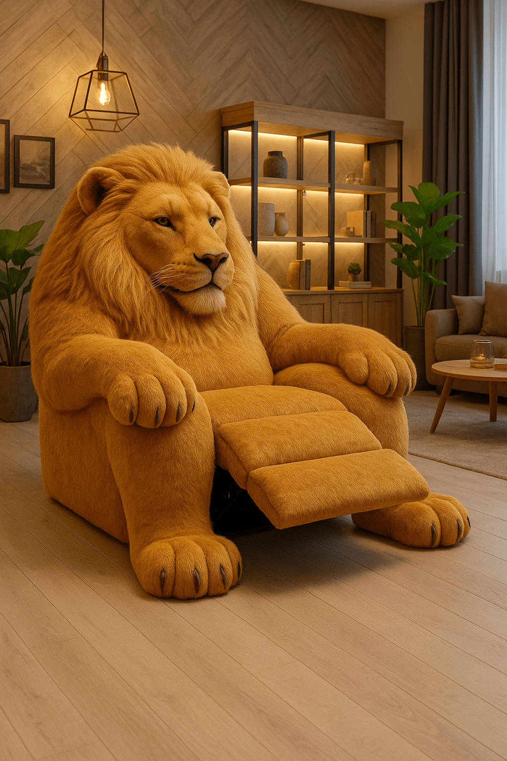 Oversized lion-shaped armchair with detailed mane and plush recliner in a modern living room