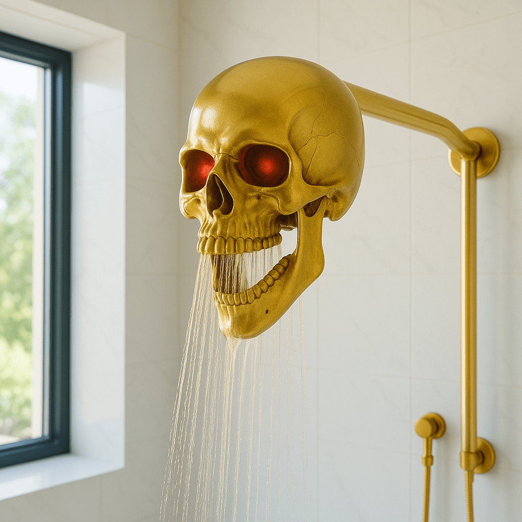 A gold skull shower head with glowing red eyes, delivering water in a luxury bathroom.