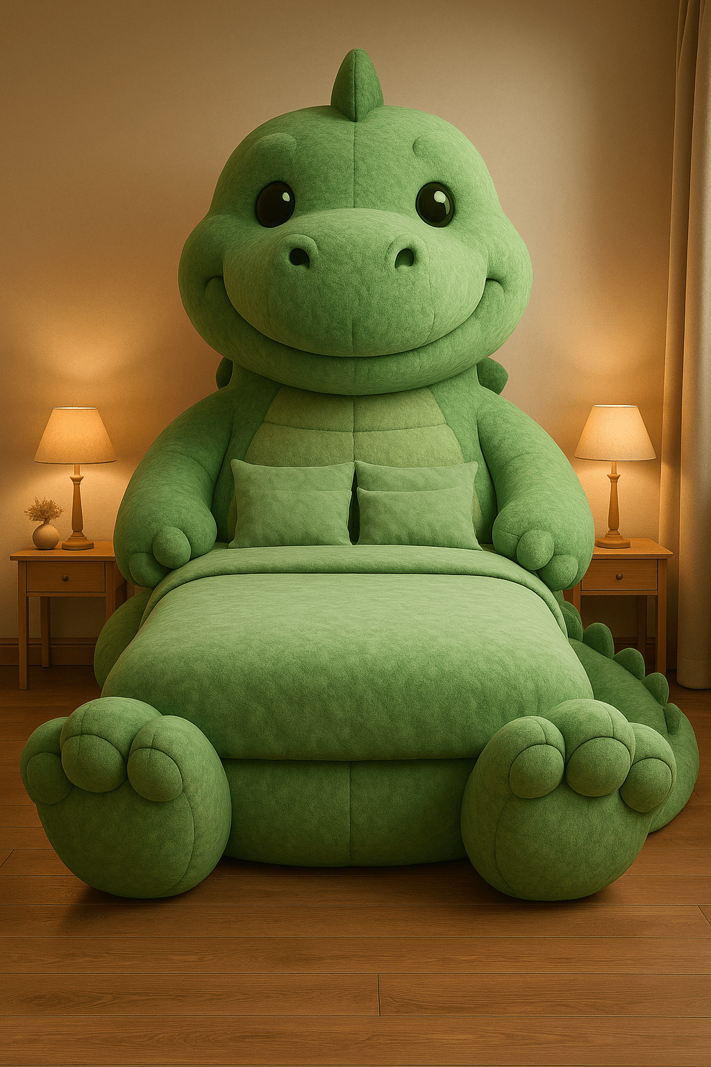 Green dinosaur-shaped novelty bed with oversized plush design in cosy bedroom setting.